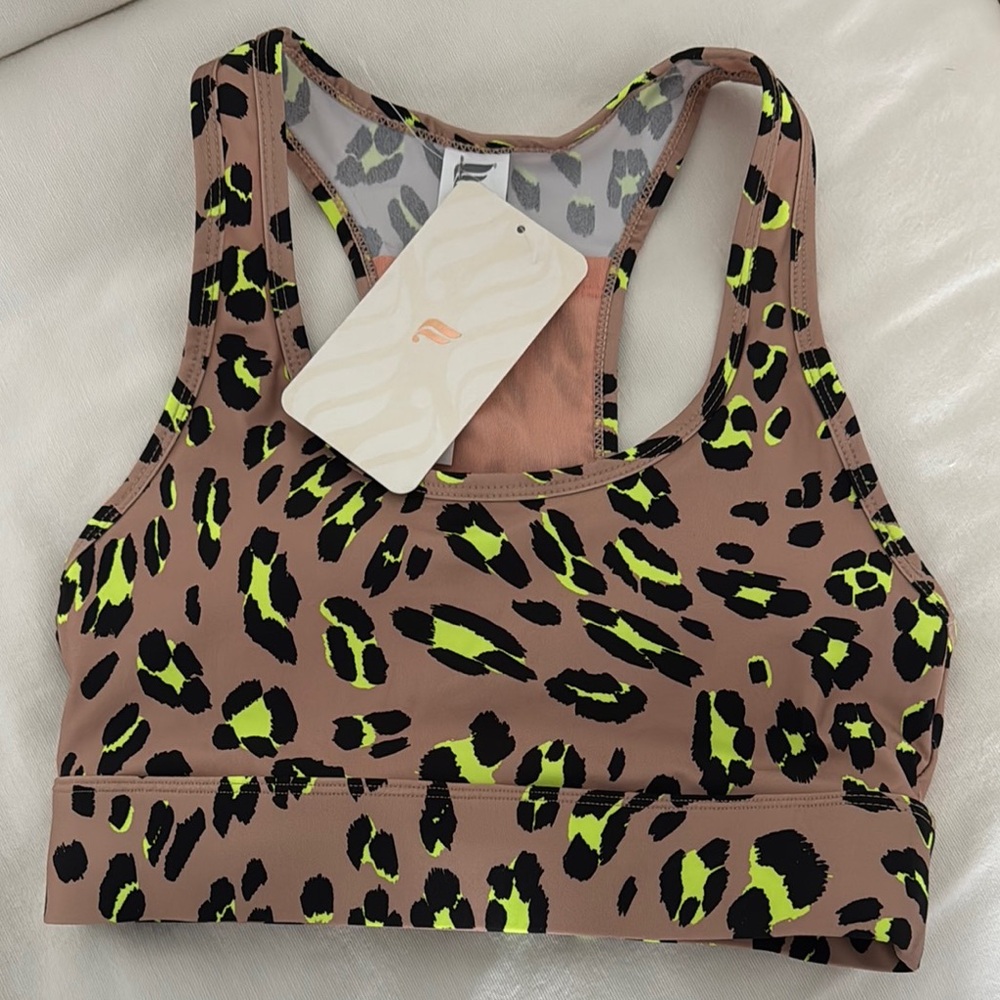 Fabletics Brown and Green Sports Bra with Leopard Print